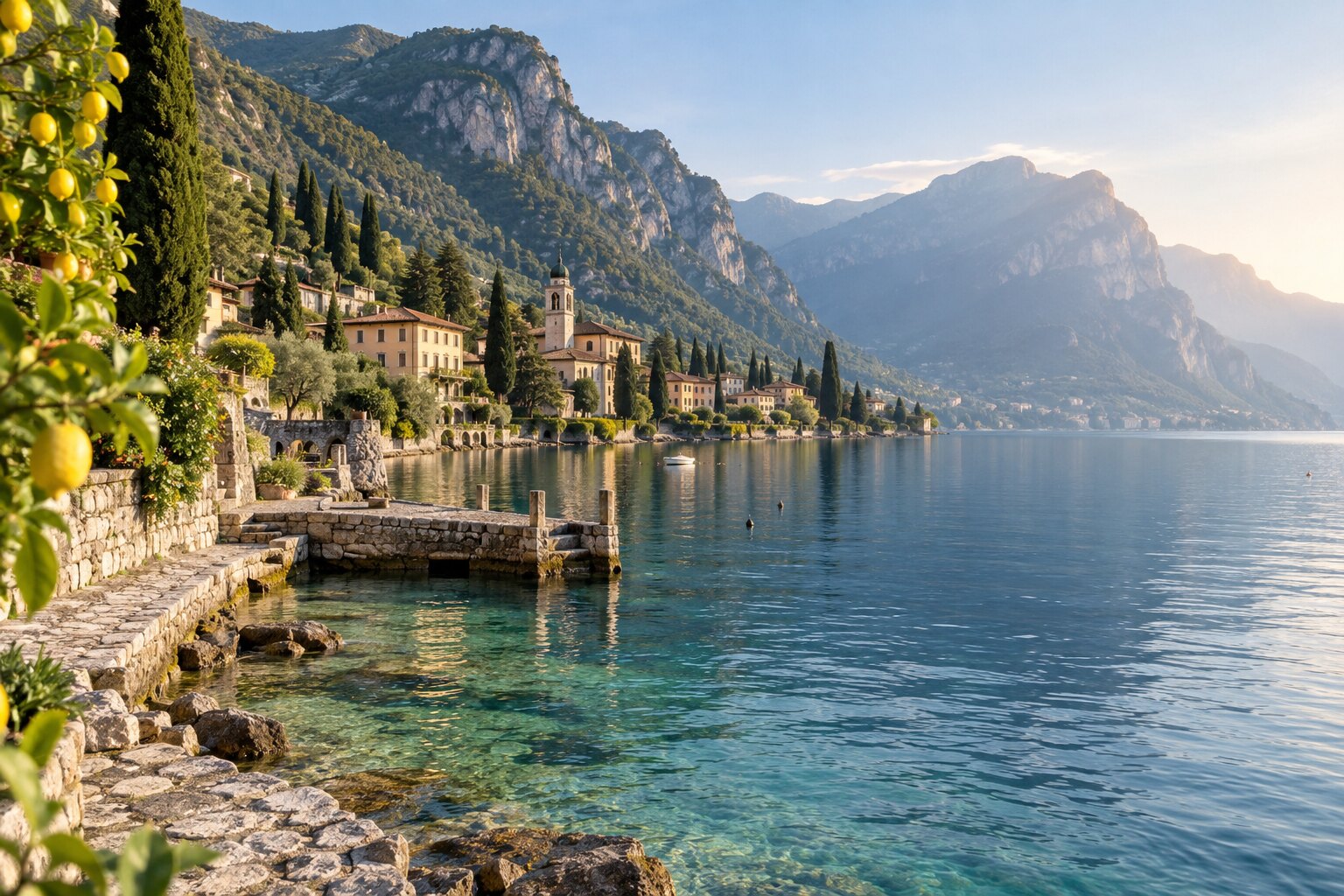 Stille Bucht am Gardasee mit Zitronenbäumen
