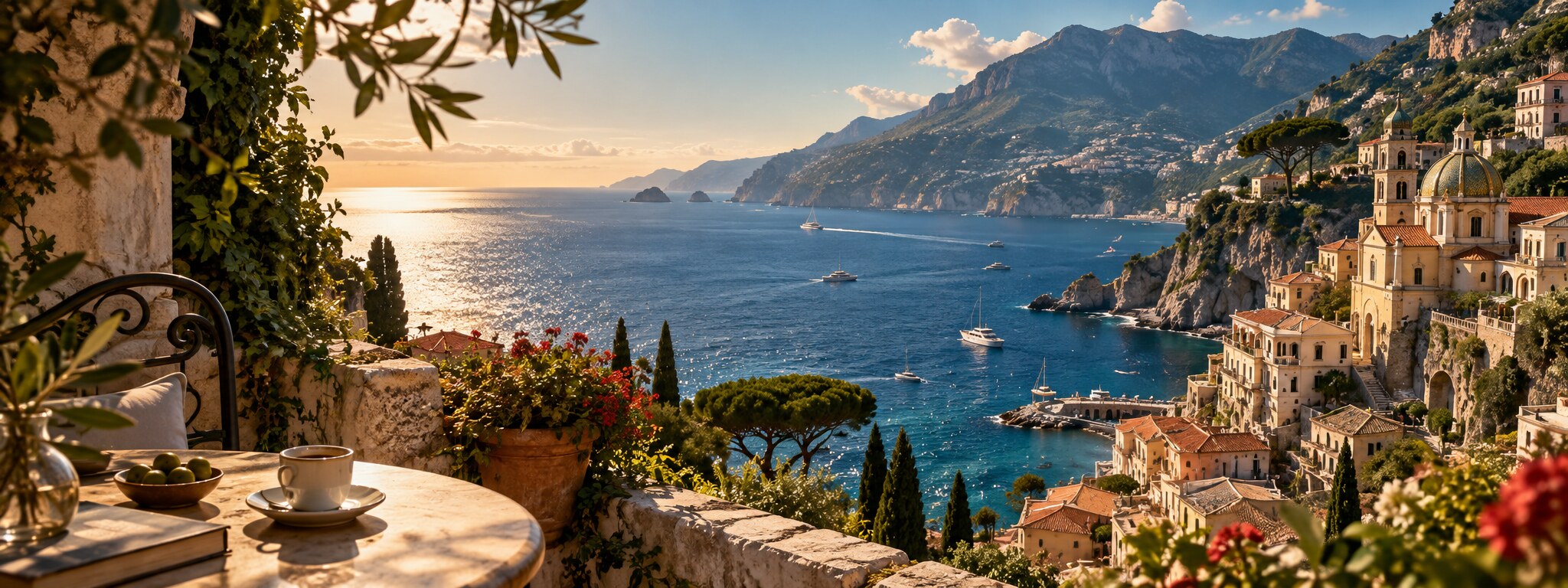 Mediterrane Küste Italiens mit Terrakotta-Dächern und blauem Meer